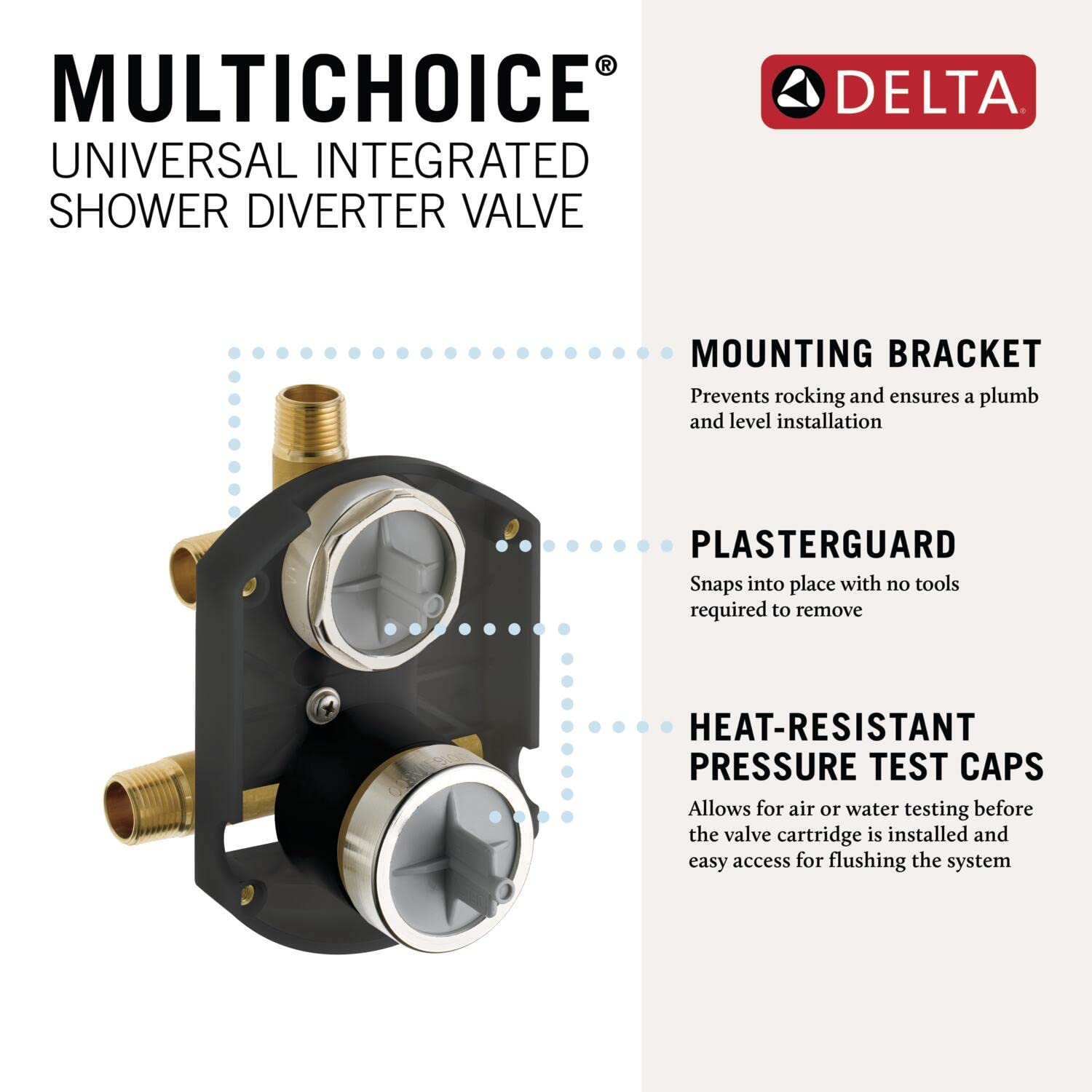 Delta R22000 black integrated shower diverter rough-in valve with brass connections and mounting bracket.