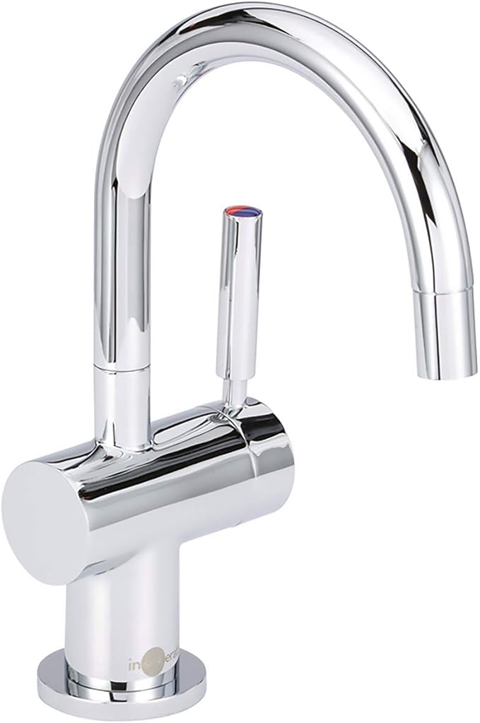 Chrome instant hot water dispenser faucet with curved spout and white cylindrical base unit.