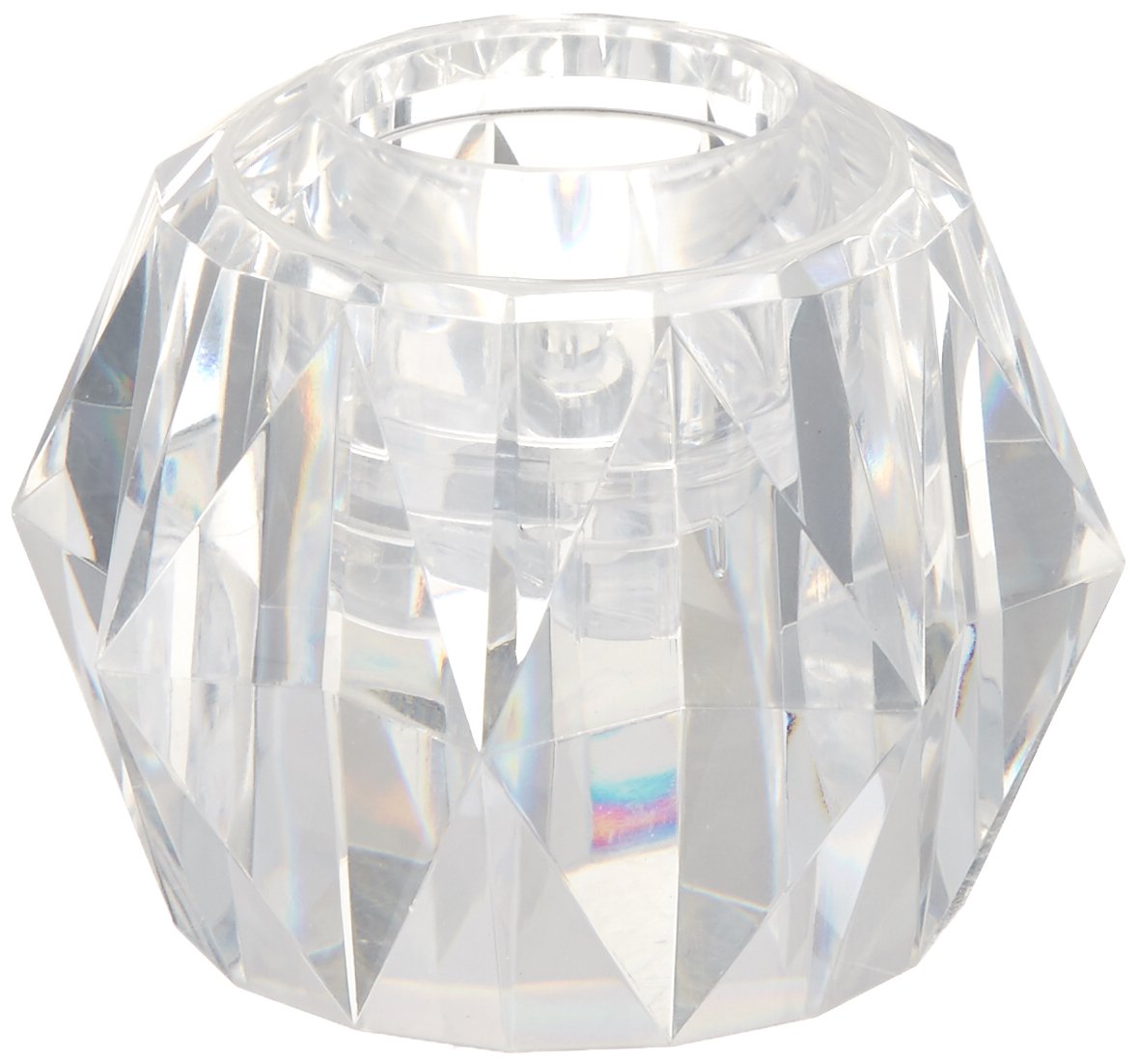 Clear faceted acrylic knob handle with geometric cut pattern and center opening for Roman tub faucet installation.