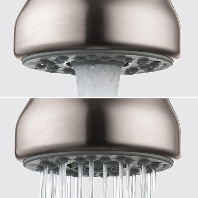 Chrome faucet head with dual spray patterns dispensing water in rain and stream modes.