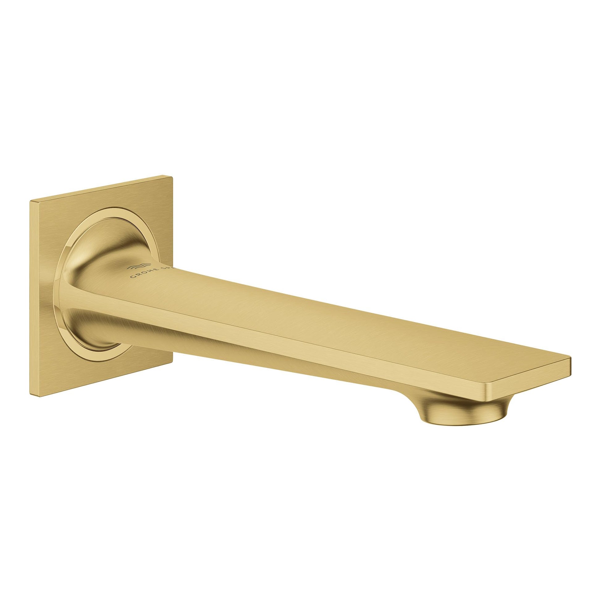 Brushed gold wall-mounted tub spout with square escutcheon plate and curved outlet.