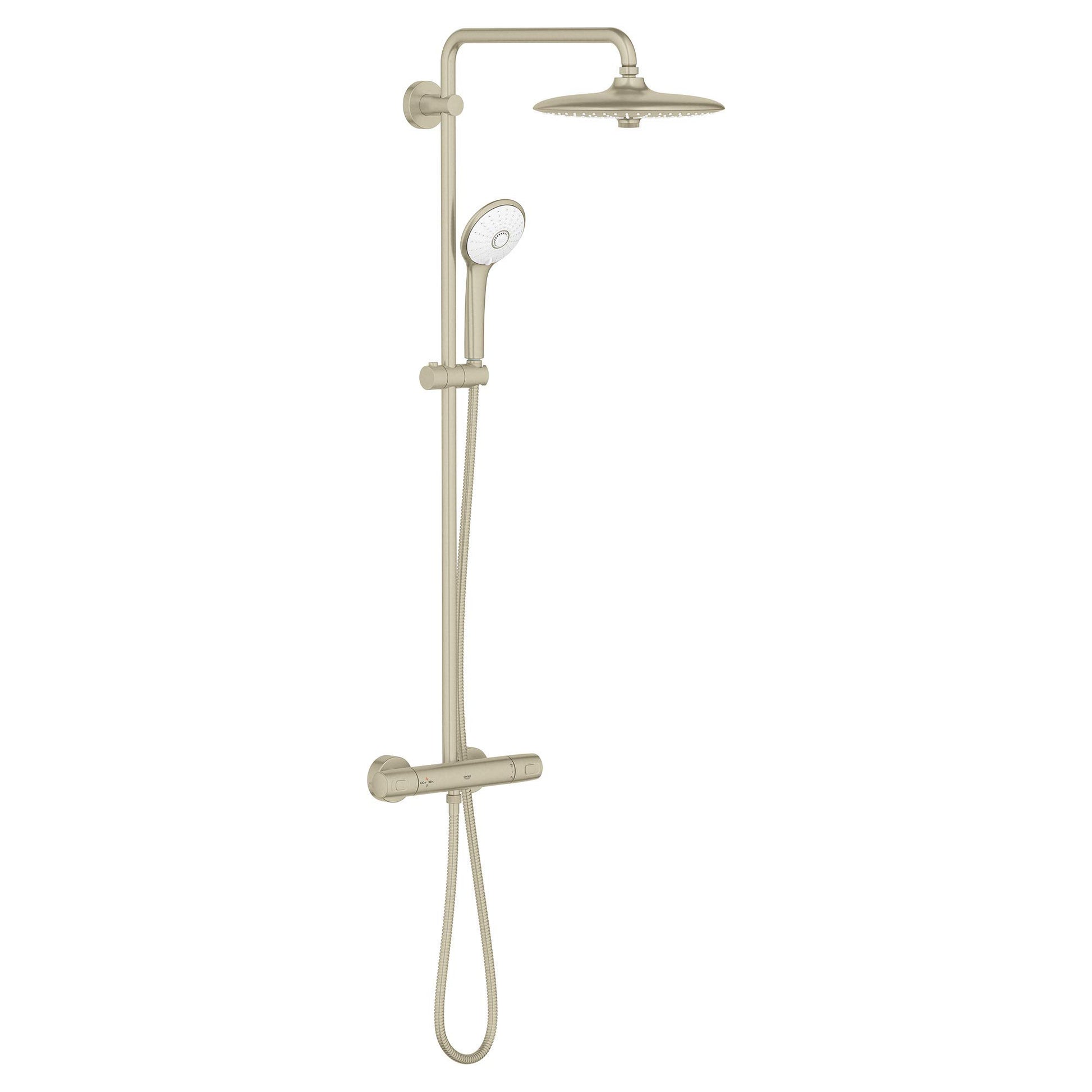 Brushed nickel thermostatic shower system with overhead rainfall showerhead, handheld sprayer, and wall-mounted control valve