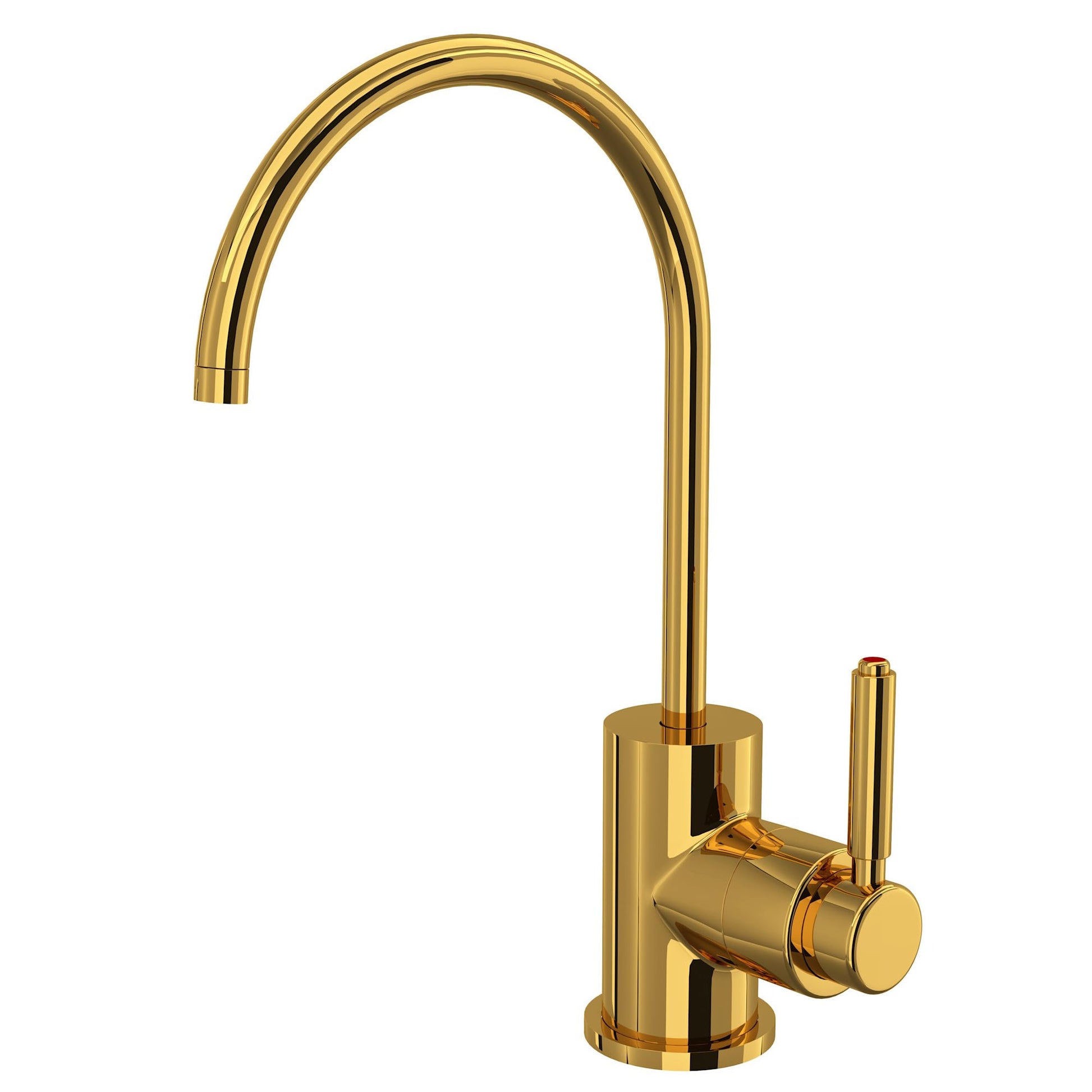 Unlacquered brass hot water dispenser with curved gooseneck spout and single lever handle.