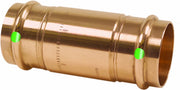 Bronze press-fit check valve with two green indicator dots and press connectors on both ends.