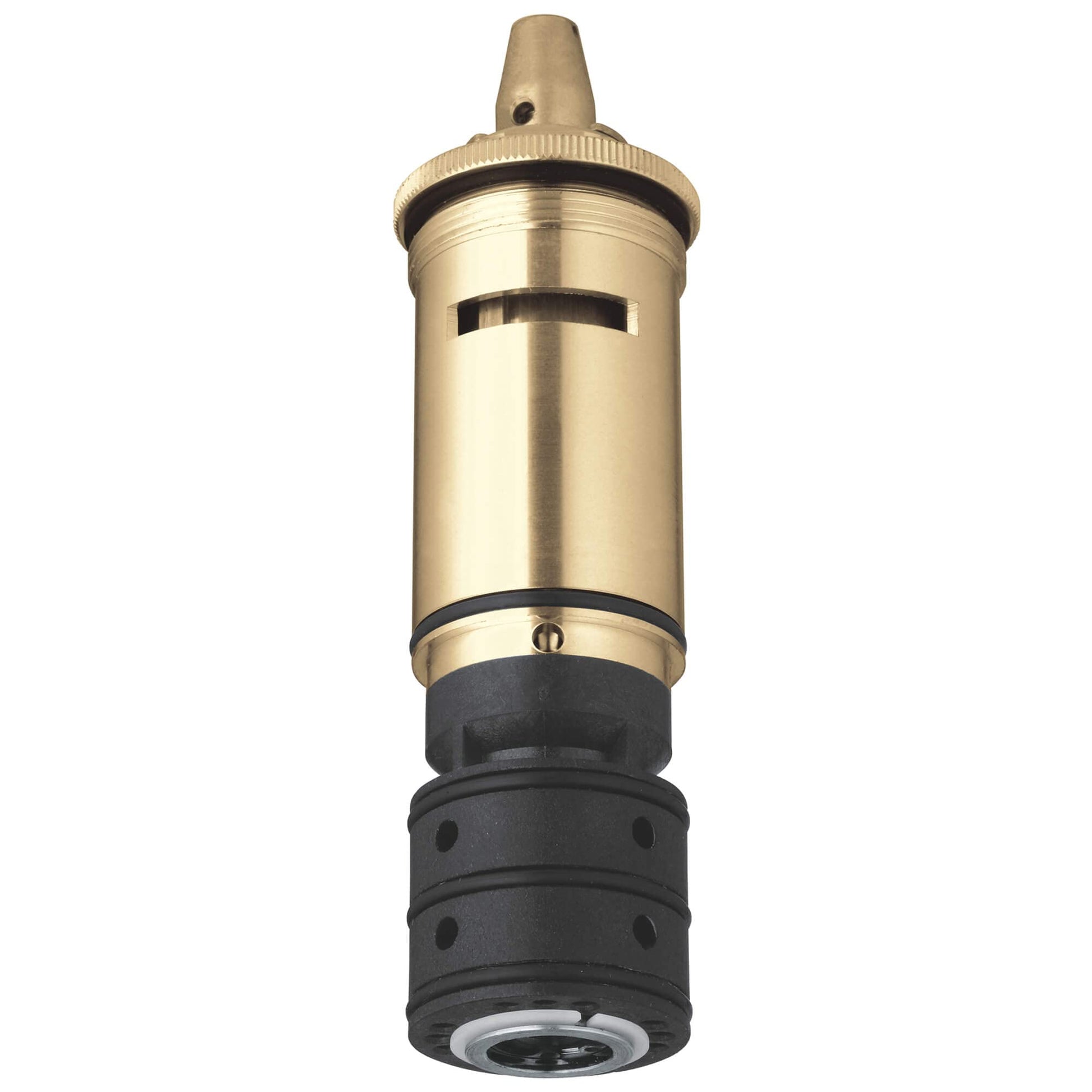 Grohe 1/2" thermostatic cartridge with brass upper body, black rubber lower section, and tapered top outlet.