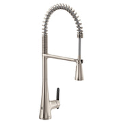 Stainless steel kitchen faucet with high arc spout, coiled pull-down sprayer head, and single handle control with wave motion