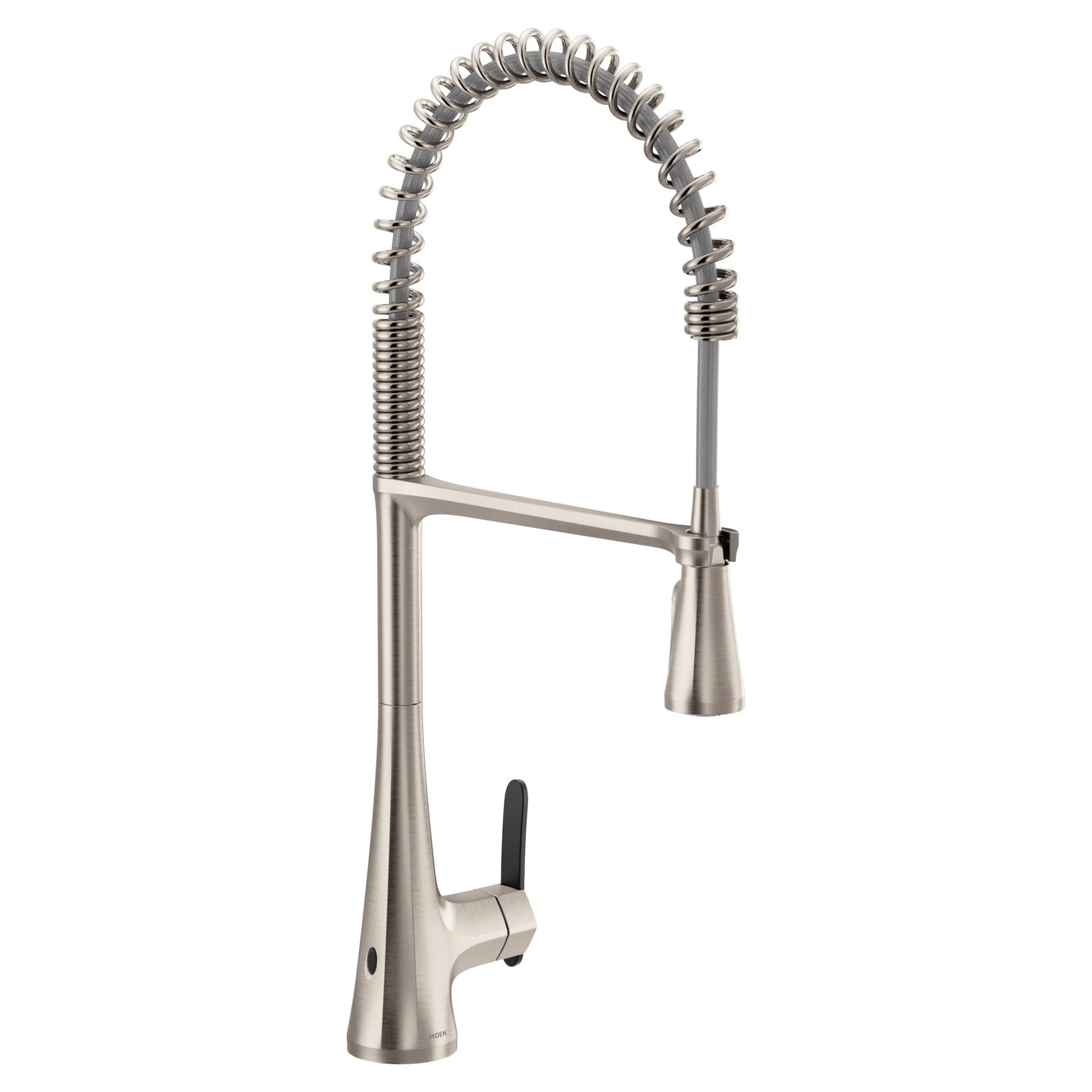 Stainless steel kitchen faucet with high arc spout, coiled pull-down sprayer head, and single handle control with wave motion