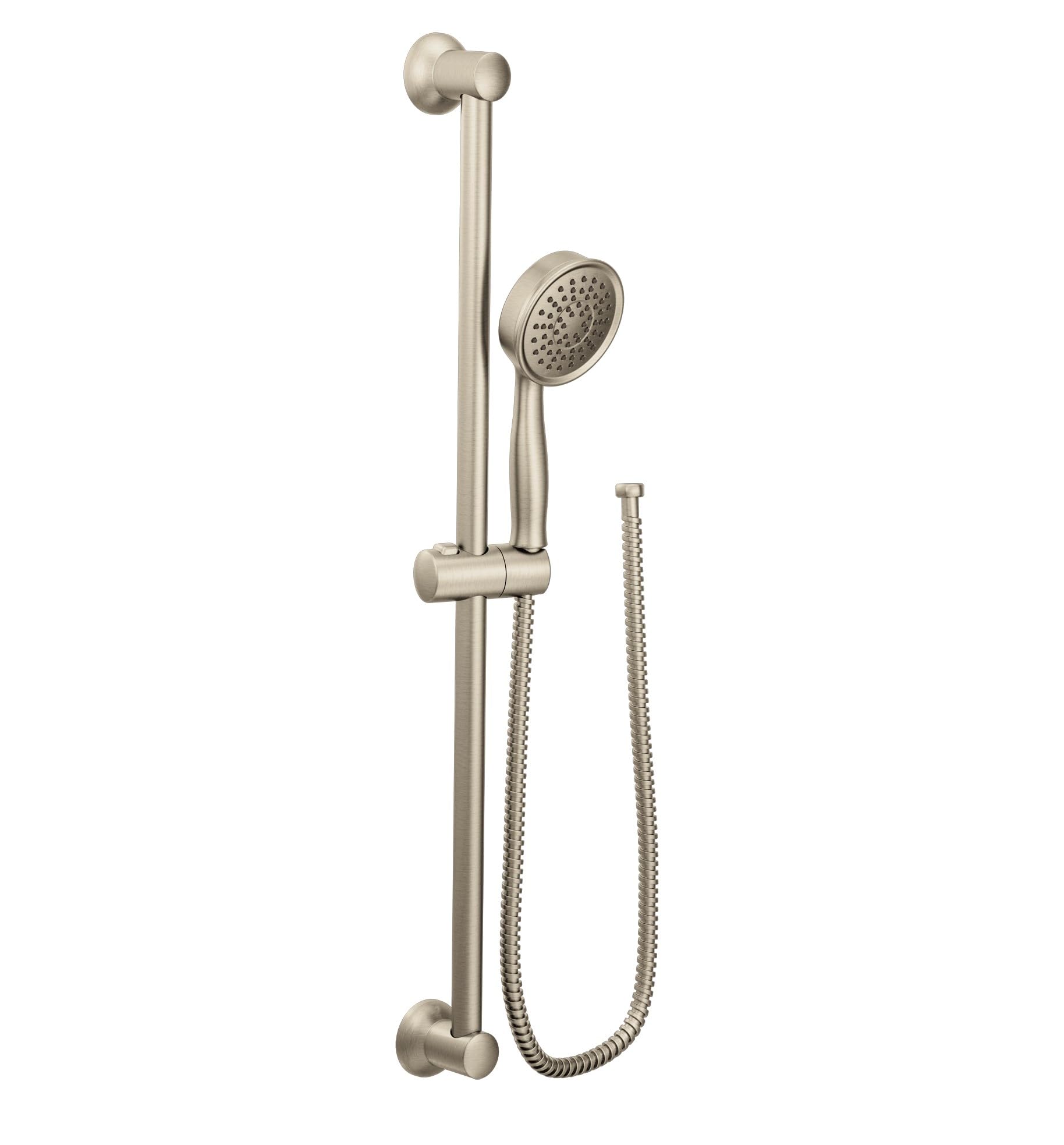 Brushed nickel hand shower with circular shower head mounted on vertical slide bar, includes flexible hose and wall brackets.