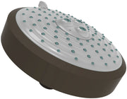 Oil rubbed bronze oval shower head with multiple spray jets and adjustment dial in center.