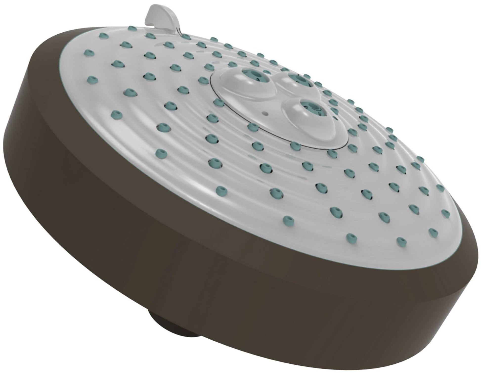 Oil rubbed bronze oval shower head with multiple spray jets and adjustment dial in center.