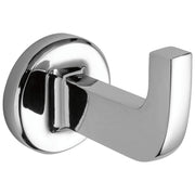 Chrome robe hook with curved arm and circular wall-mounted backplate.