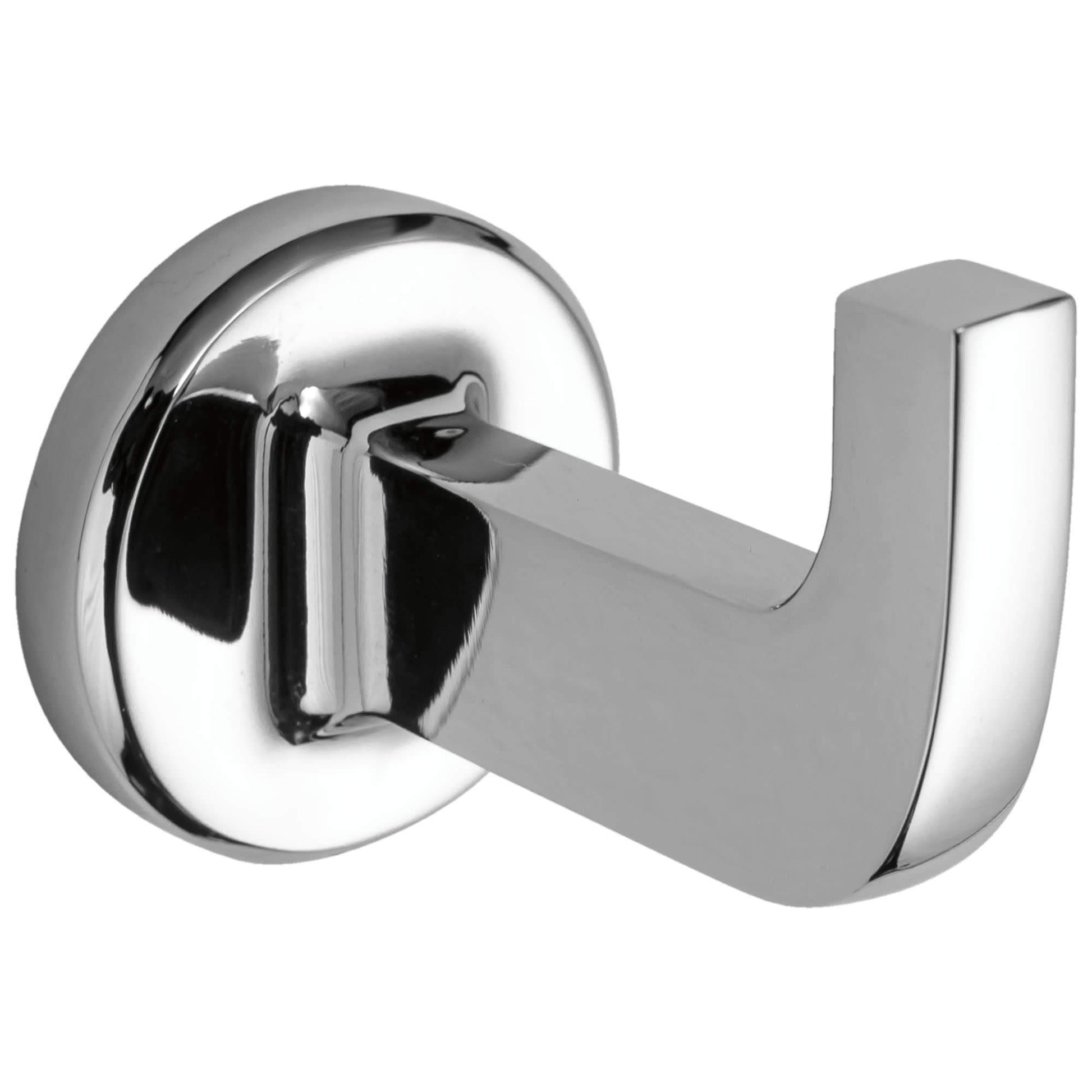 Chrome robe hook with curved arm and circular wall-mounted backplate.