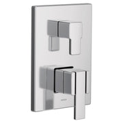 Chrome shower trim with two rectangular handles and integrated transfer valve on white rectangular escutcheon plate.