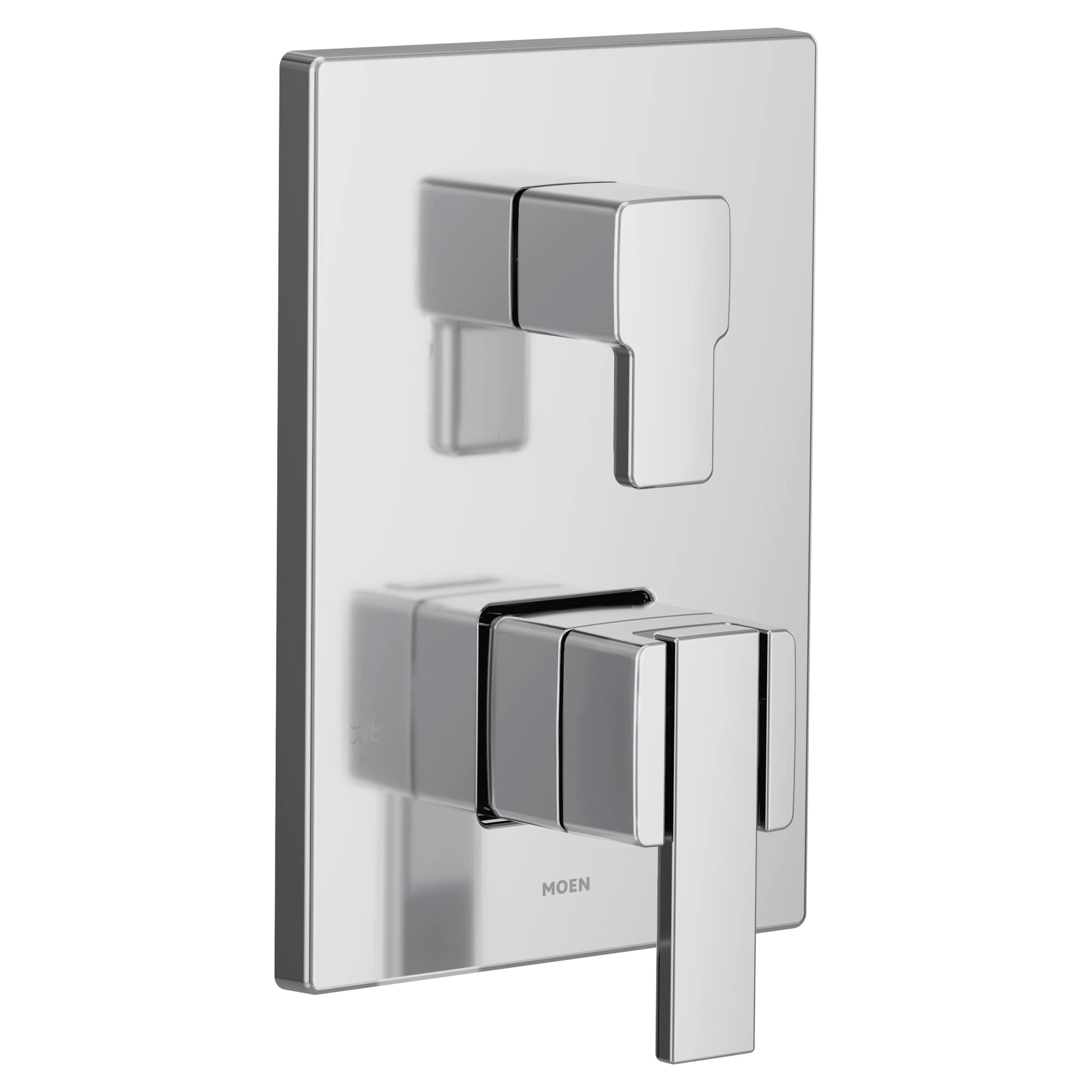 Chrome shower trim with two rectangular handles and integrated transfer valve on white rectangular escutcheon plate.