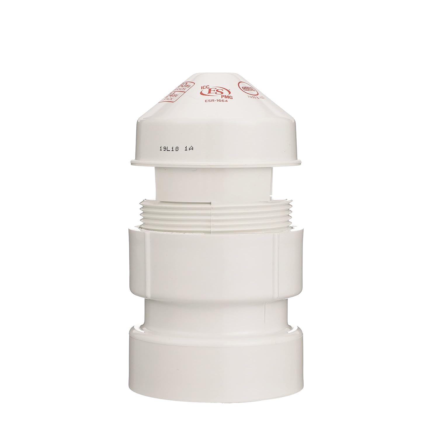 White PVC air admittance valve with domed cap, threaded adapter, and cylindrical body for plumbing vent systems.