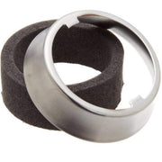 Chrome escutcheon ring with dark gray foam gasket for single-handle kitchen faucet installation.
