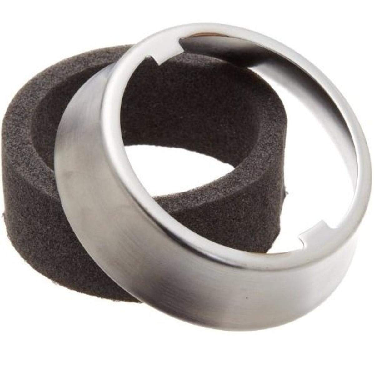 Chrome escutcheon ring with dark gray foam gasket for single-handle kitchen faucet installation.