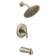 Brushed nickel tub and shower trim with single handle, showerhead, and tub spout.