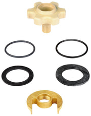 Grohe mounting kit consisting of cream plastic star-shaped shank, four black rubber seals, and brass connector piece with pro
