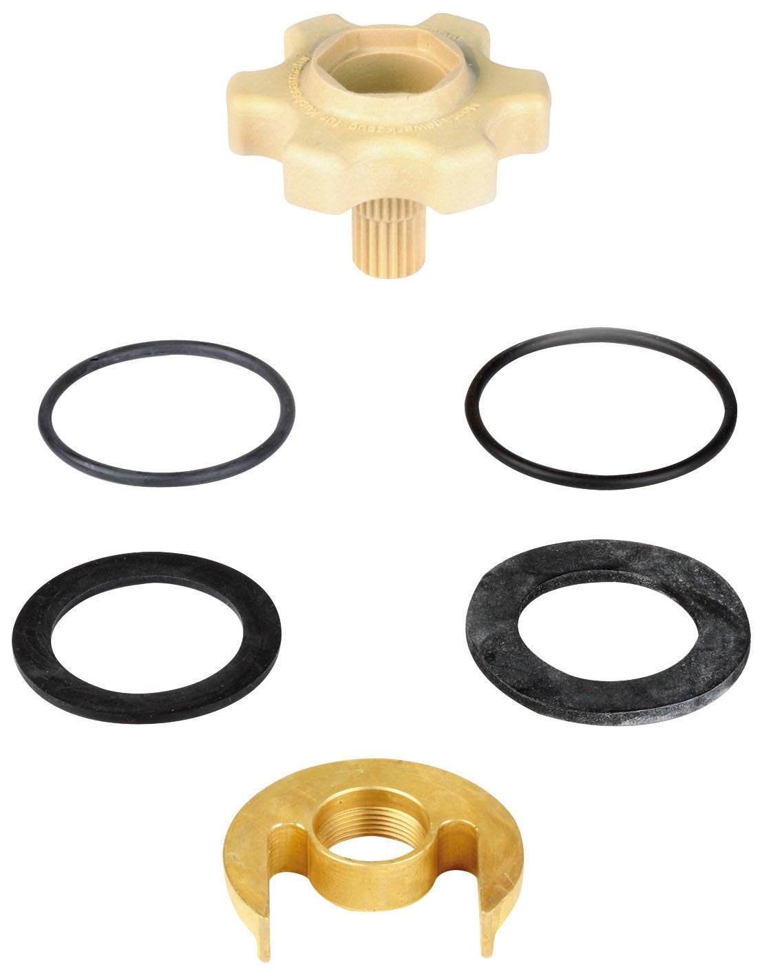 Grohe mounting kit consisting of cream plastic star-shaped shank, four black rubber seals, and brass connector piece with pro