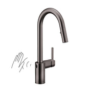 Black stainless steel pulldown kitchen faucet with high arc spout and motion sensor activation indicated by hand gesture.