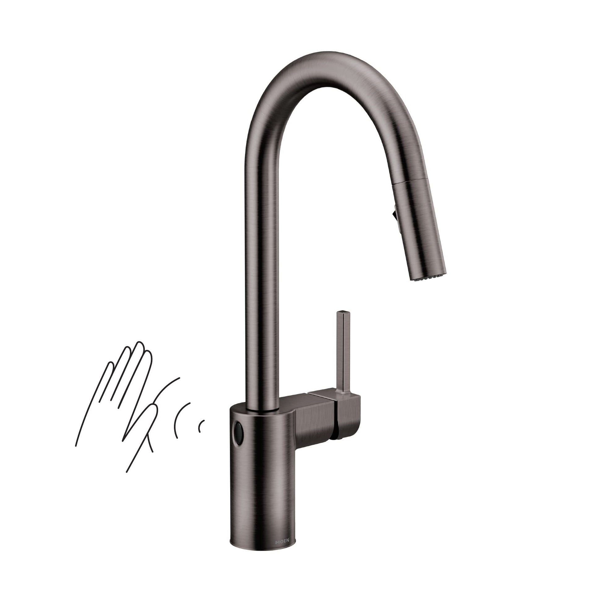 Black stainless steel pulldown kitchen faucet with high arc spout and motion sensor activation indicated by hand gesture.