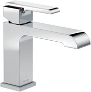 Chrome single-handle bathroom faucet with square body and curved spout in polished finish.