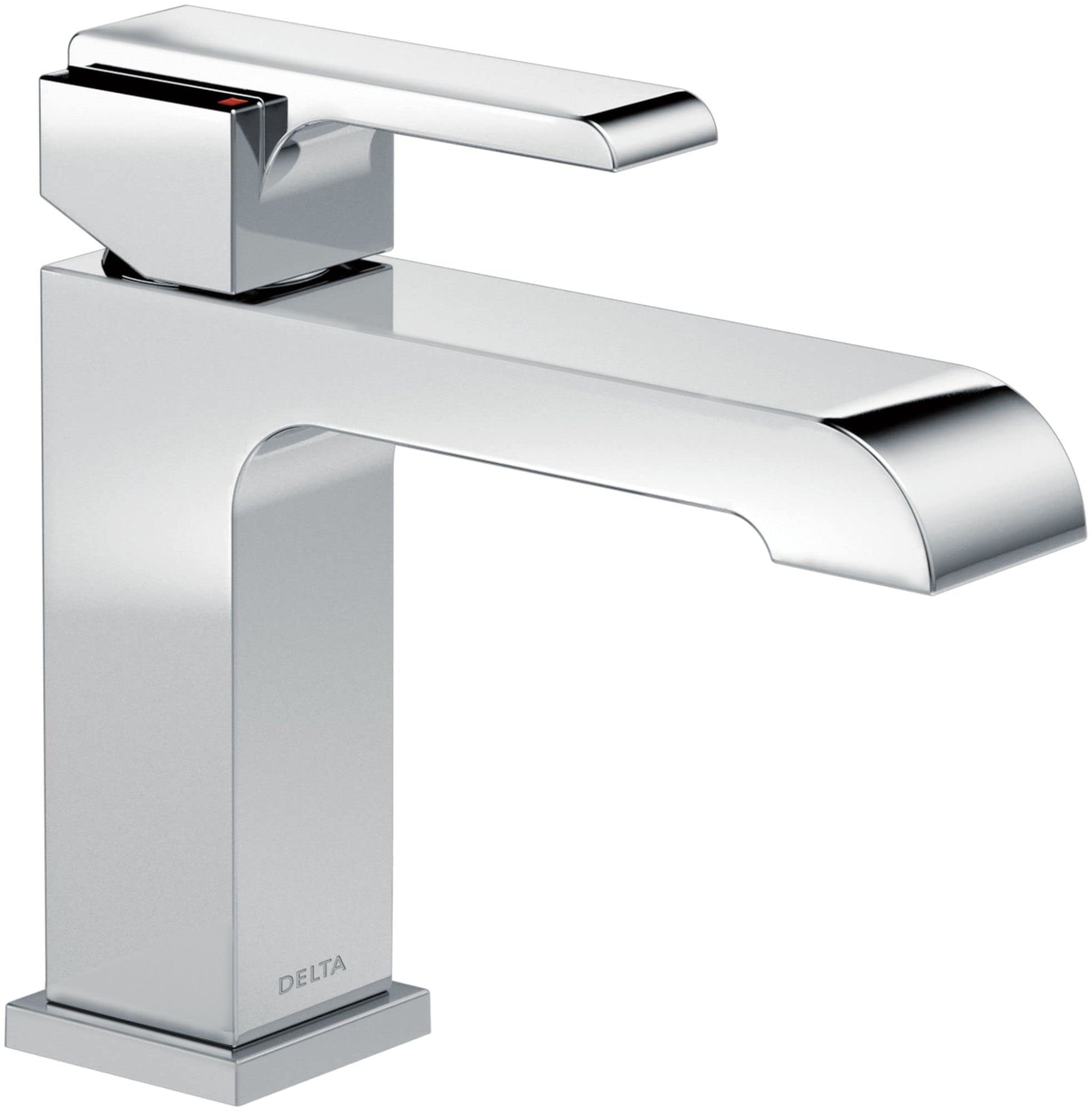 Chrome single-handle bathroom faucet with square body and curved spout in polished finish.