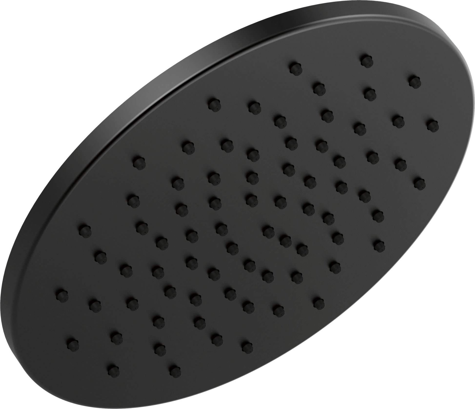Black round raincan shower head with multiple evenly spaced water outlet holes.