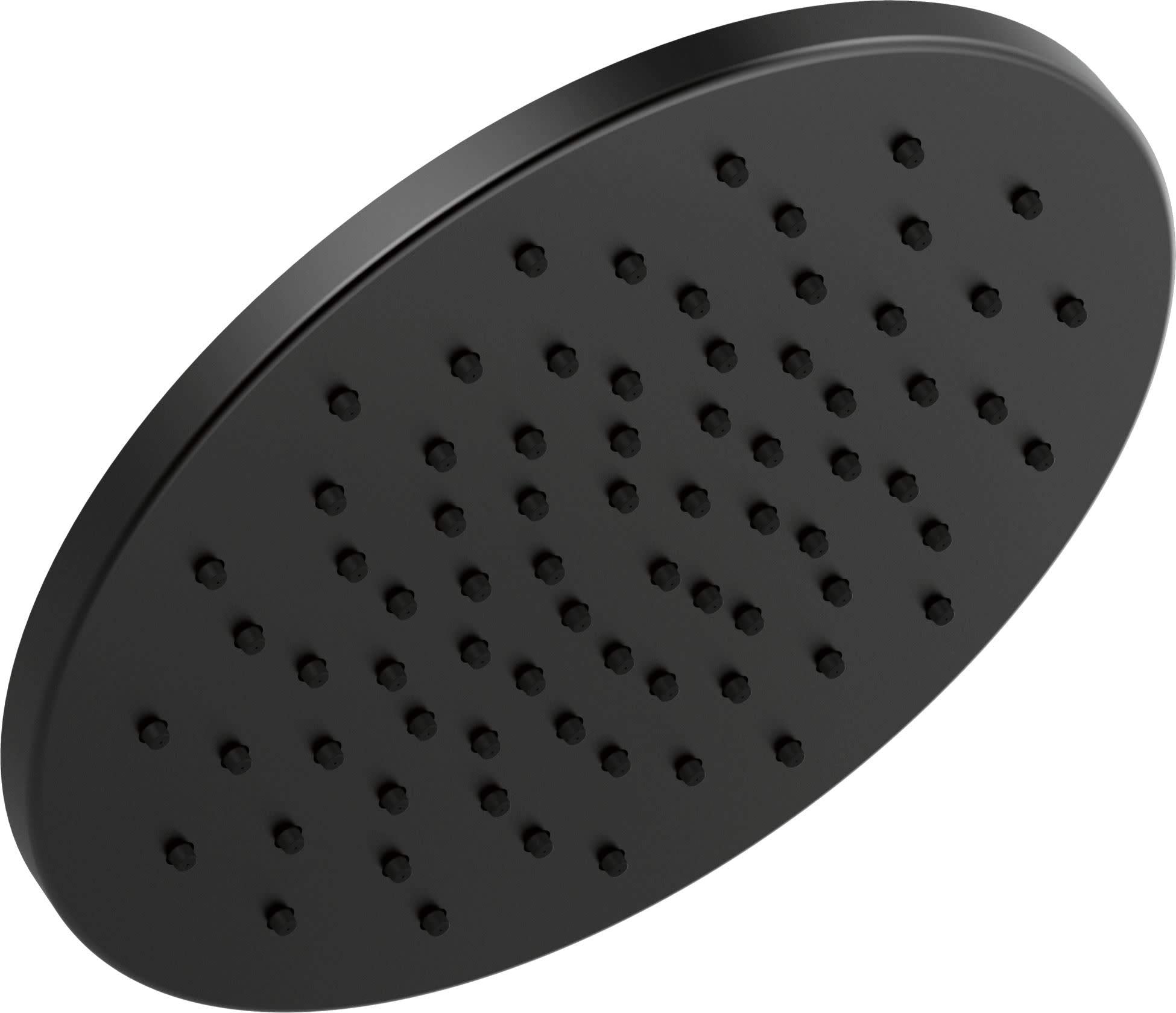 Black round raincan shower head with multiple evenly spaced water outlet holes.