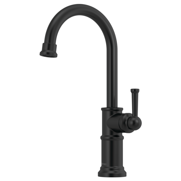 Matte black single-handle bar faucet with curved spout and lever handle on cylindrical base.