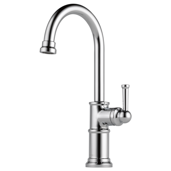 Chrome single-handle bar faucet with curved gooseneck spout and cylindrical lever handle.