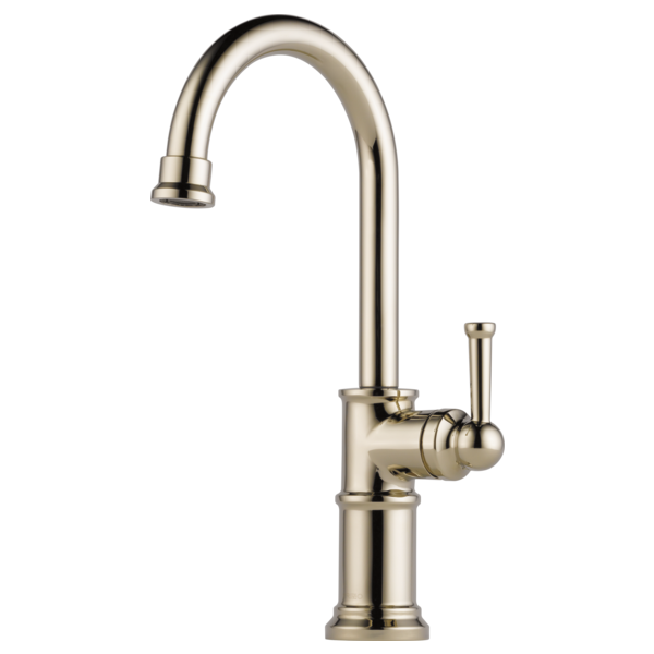 Brushed nickel single handle bar faucet with high curved spout and lever handle.