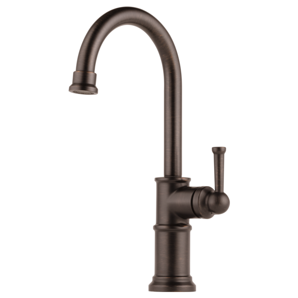 Bronze single-handle bar faucet with curved spout and lever control on white background.
