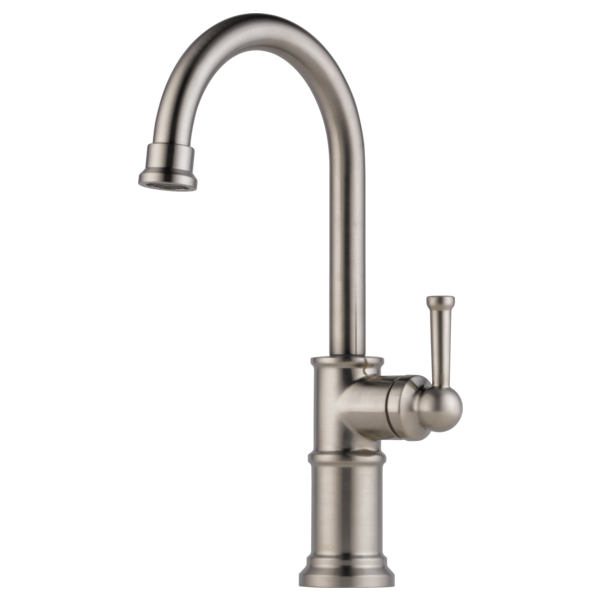 Stainless steel single-handle bar faucet with curved spout and lever handle.