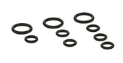 Nine black rubber O-rings in various sizes arranged in three groups.