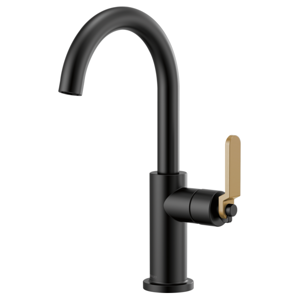 Black bar faucet with high arcing spout and brass lever handle on cylindrical base.