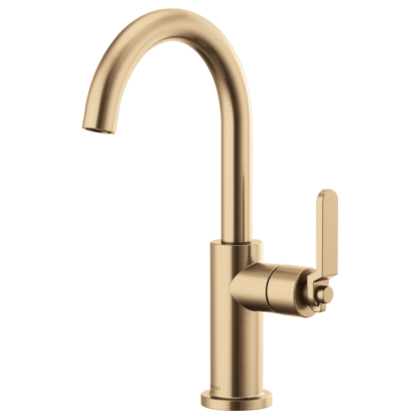 Champagne bronze bar faucet with curved arc spout and single lever handle.