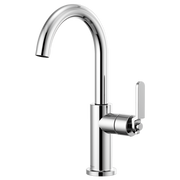 Chrome bar faucet with curved arc spout and single industrial-style lever handle.