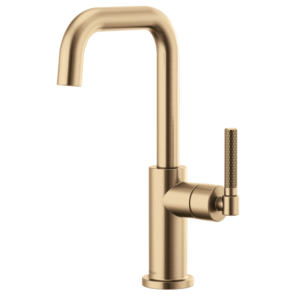 Champagne bronze bar faucet with squared-off curved spout and knurled handle lever on right side.