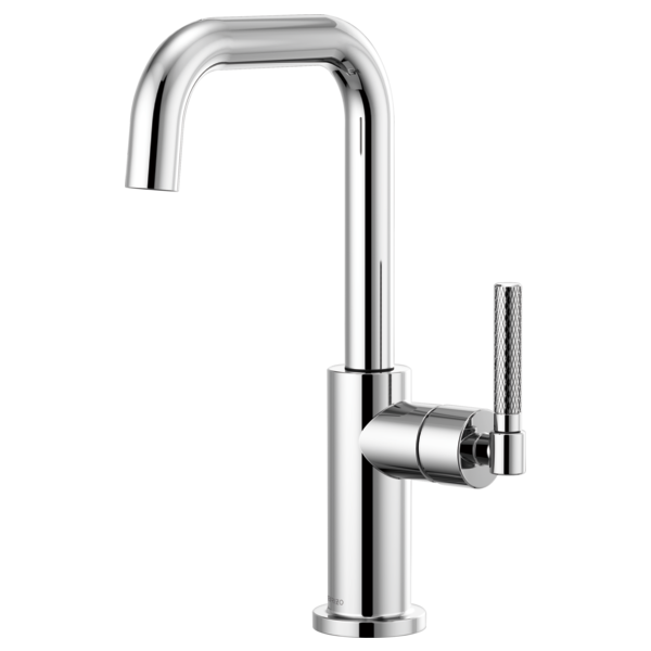 Chrome bar faucet with squared spout, cylindrical body, and knurled side handle.