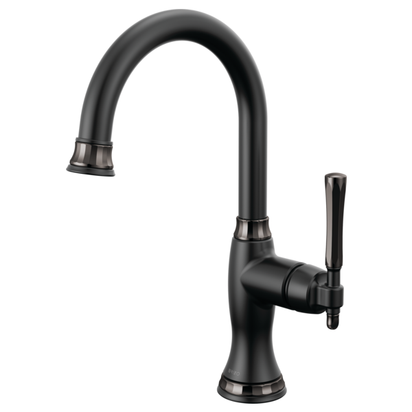 Matte black kitchen bar faucet with curved spout, single lever handle, and chrome accents.