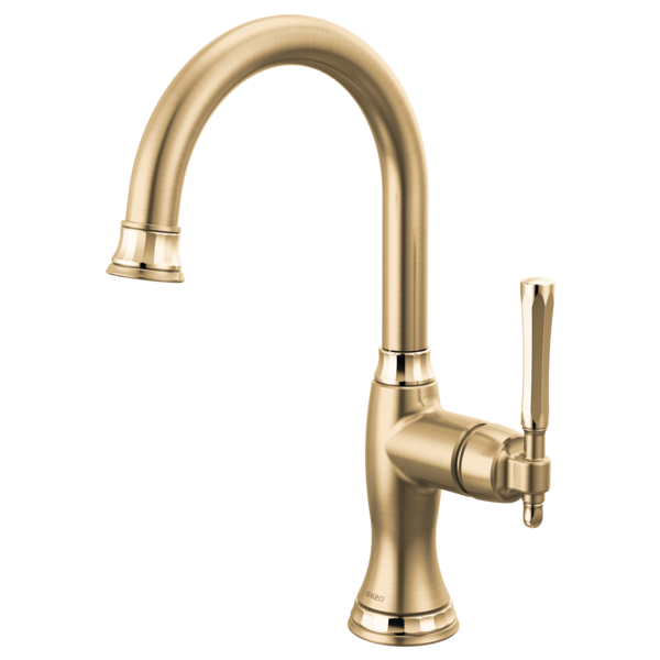 Champagne bronze kitchen bar faucet with curved spout and single lever handle.