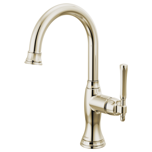 Polished nickel kitchen bar faucet with curved spout, single lever handle, and pull-down spray head.