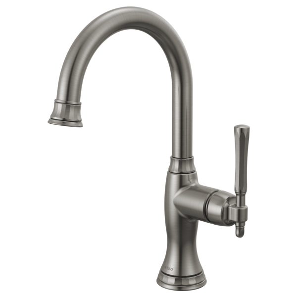 Brushed stainless steel kitchen bar faucet with high curved spout and single lever handle.