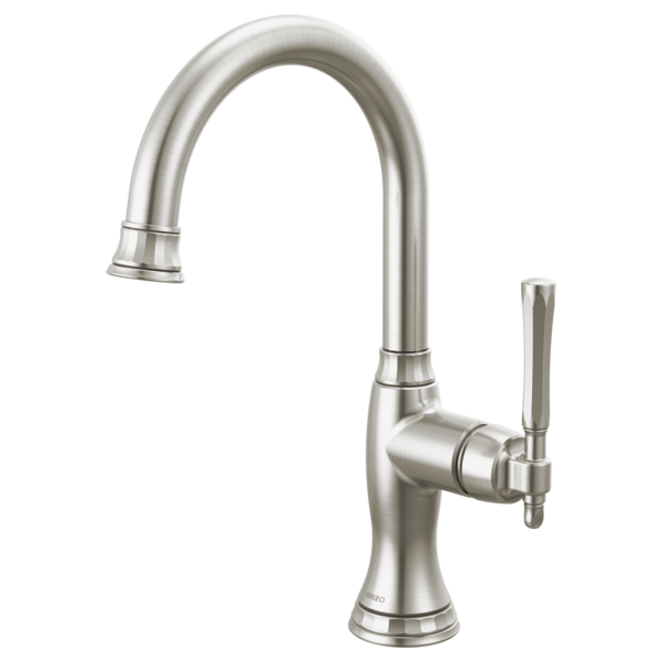 Stainless steel kitchen bar faucet with high curved spout and single lever handle.