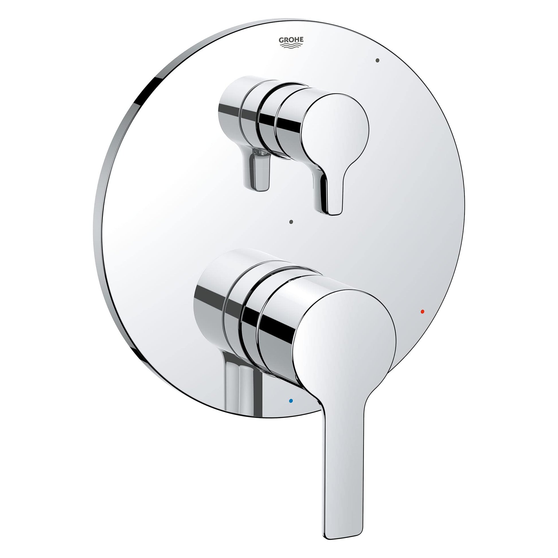 Grohe Lineare chrome pressure balance valve trim with two round handles and circular escutcheon plate.