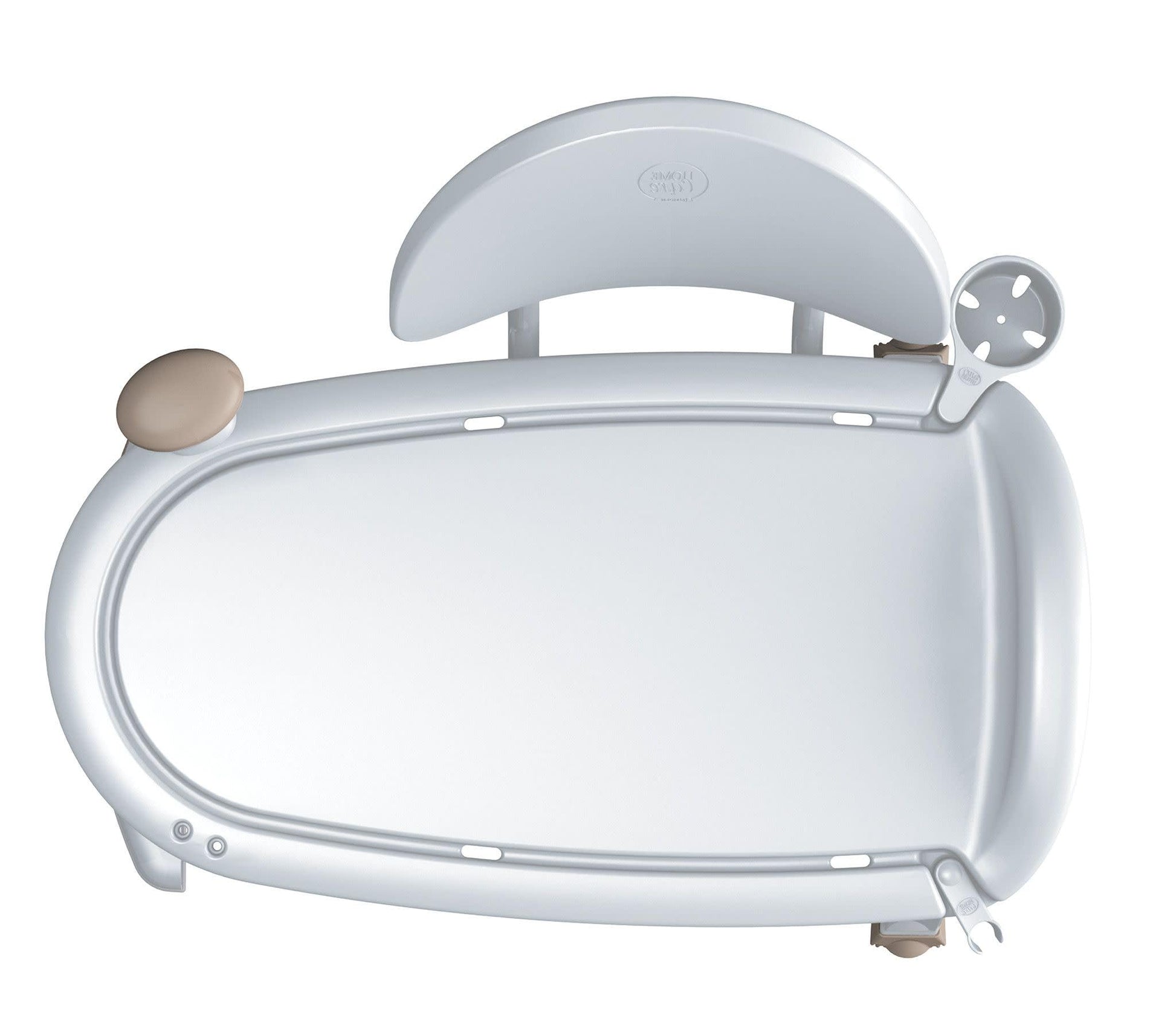 White bath transfer bench with curved seat, backrest, and tan armrests on both sides.