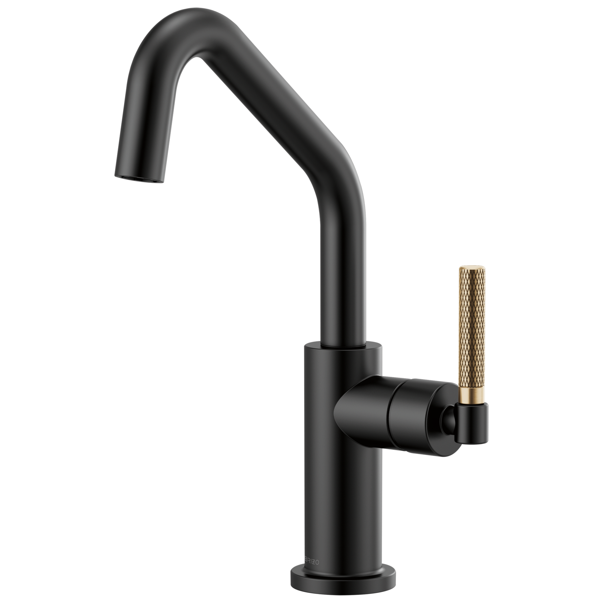 Black bar faucet with angled spout and gold knurled handle on round base.