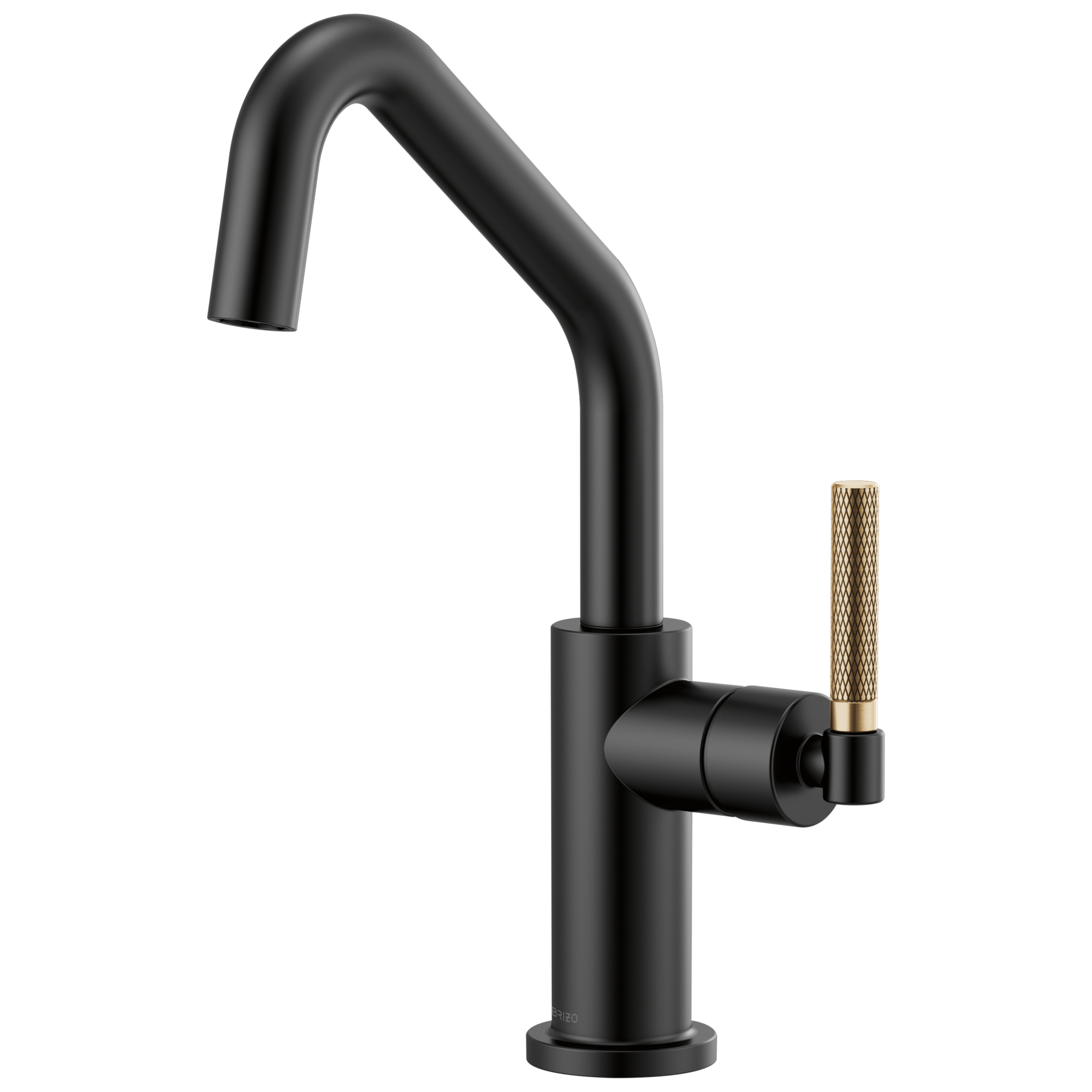 Black bar faucet with angled spout and gold knurled handle on round base.